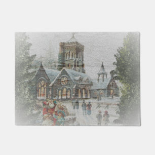 Paillasson Père Noël ancienne avec enfants devant une église