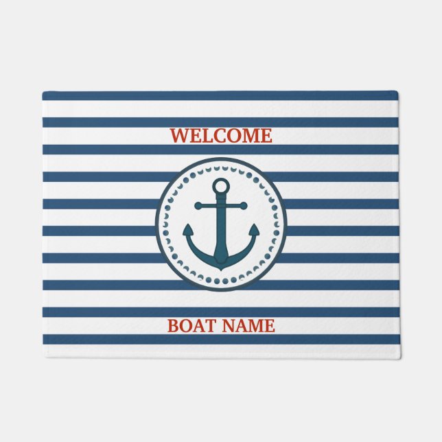 Paillasson Personalize Nautical Blue Welcome Boat Name Stripe (Devant)