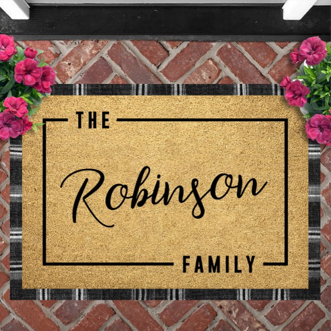 Paillasson Personalized Script Family Name Doormat Custom (Minimalist Script Family Name Doormat Personalized Custom Border Welcome Mat Housewarming Gift)