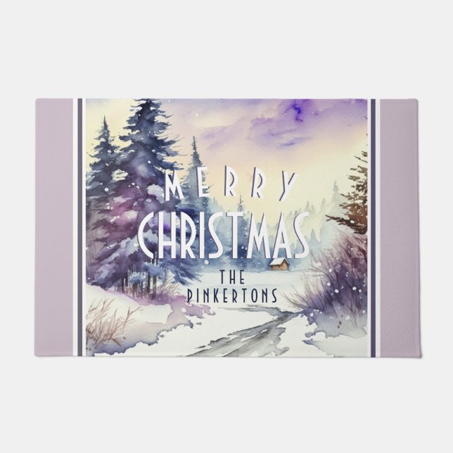 Paillasson Personnalisé Joyeux Noël neigeux scène lilas (Devant)