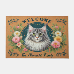Paillasson Personnalisé Maine Coon Cat Stylish Floral Bienven