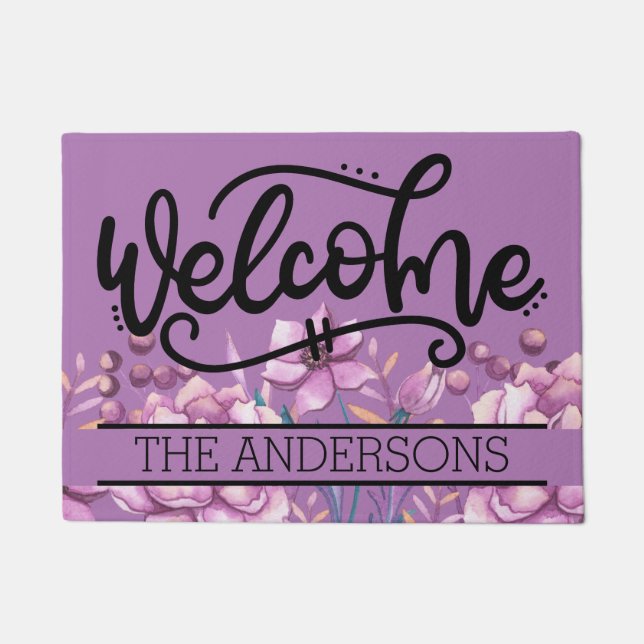 Paillasson Personnalisé Purple Peonies Floral Bienvenue (Devant)