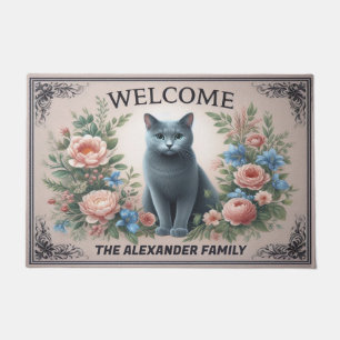 Paillasson Personnalisé Russe bleu Chat Floral Chic Bienvenue