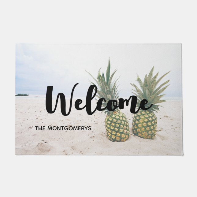 Paillasson Photo de 2 ananas sur un accueil de plage (Devant)