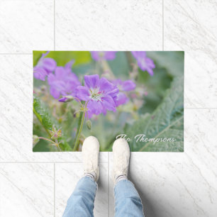 Paillasson Photo de fleur sauvage de géranium violet avec nom