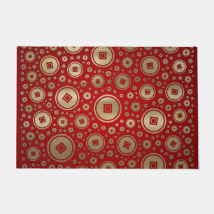 Paillasson Pièces chinoises Lucky Gold motif sur rouge