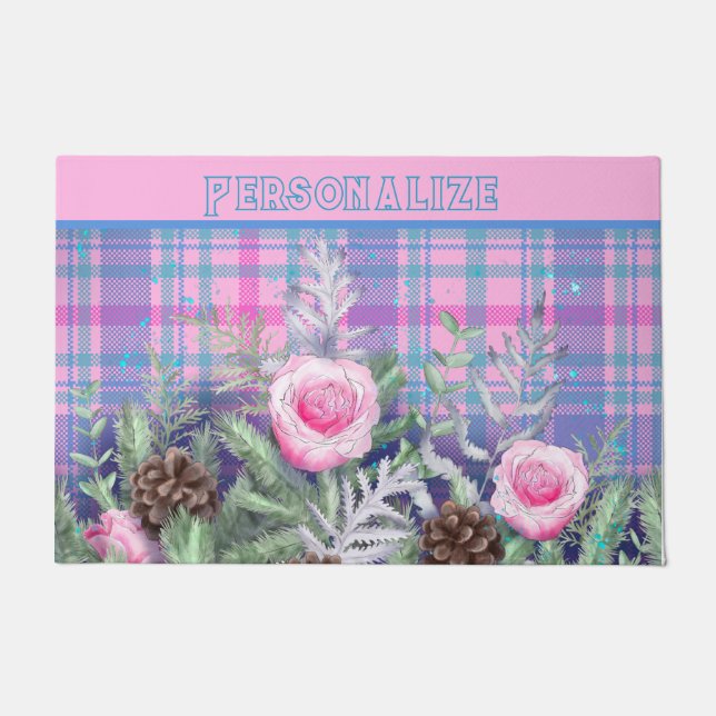 Paillasson Pin rose Pin Cône Rose Bleu Plaid (Devant)