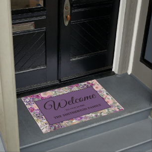 Paillasson Pink Purple Floral Welcome Nom de famille