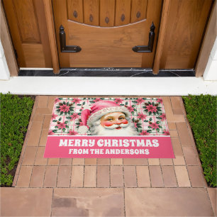 Paillasson Pink Retro Santa Claus Noël Floral Plaid
