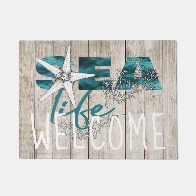 Paillasson Plage bois bleu mer typographie bienvenue (Devant)