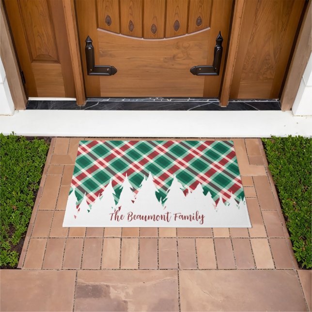 Paillasson Plaid rouge et vert avec arbres blancs avec nom (De plein air)