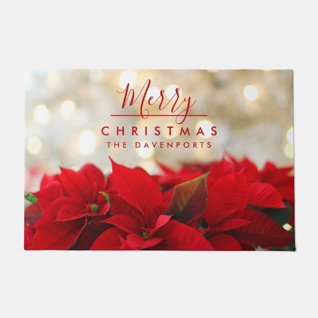 Paillasson Poinsettias rouges avec Golden Bokeh Joyeux Noël (Devant)