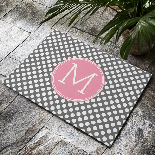 Paillasson Pois roses et gris avec Monogramme preppy (Custom Welcome Mat)