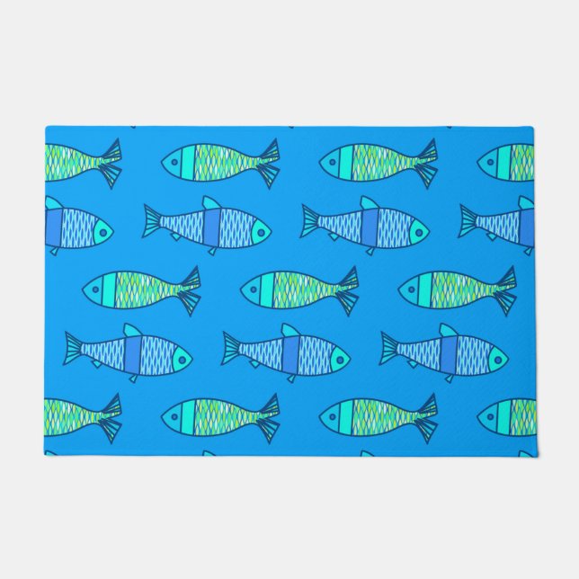 Paillasson Poisson moderne rétro, bleu turquoise et cerulean (Devant)