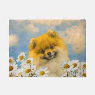 Paillasson Pomeranian dans les marguerites peignant - art