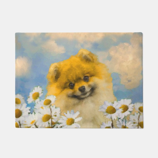 Paillasson Pomeranian dans les marguerites peignant - art (Devant)