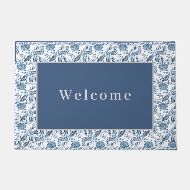 Paillasson Porte bleu gris floral (Devant)