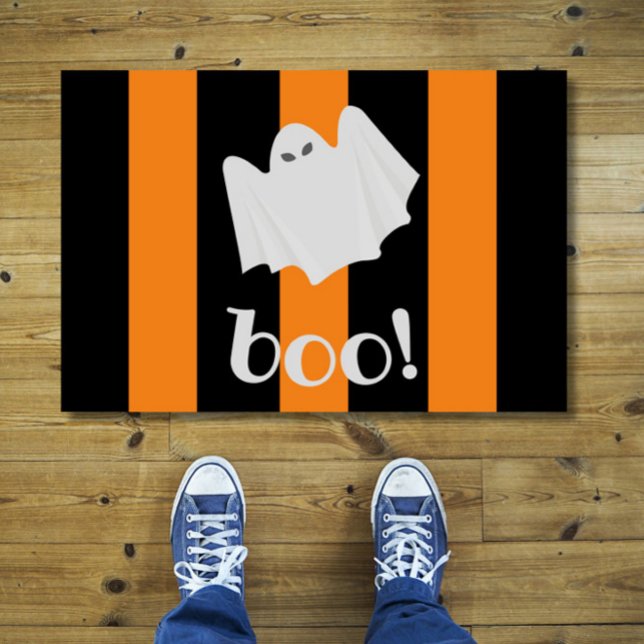 Paillasson Porte d'Halloween Ghost mignonne orange et noir (Add Halloween cheer to your home with this cute, funny ghost doormat!)