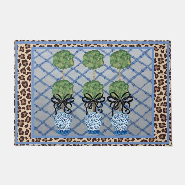 Paillasson Pot de porte Leopard Chinoiserie Blue Ginger Jars (Devant)