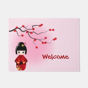 Paillasson Poupée japonaise de kokeshi aux fleurs de Sakura