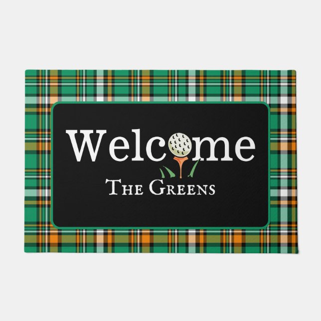 Paillasson Preppy Green et Orange Plaid Golf Welcome Entry (Devant)