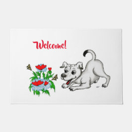 Paillasson Printemps Éveil, Chiot avec Fleurs et Papillon