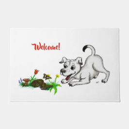 Paillasson Printemps Éveil, Chiot avec Fleurs et Papillon