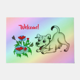 Paillasson Printemps Éveil, Chiot avec Fleurs et Papillon