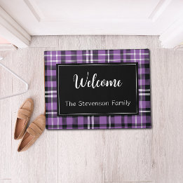 Paillasson Purple Plaid Welcome Monogramme Nom de famille