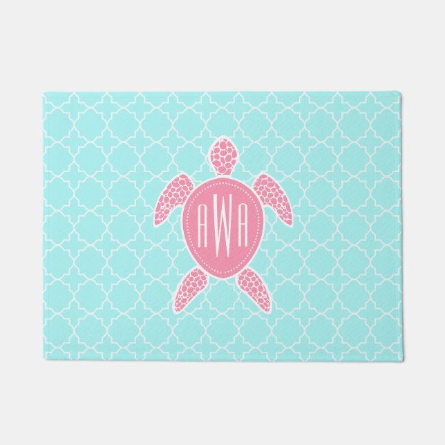 Paillasson Quatrefoil bleu + Natte rose de monogramme de (Devant)