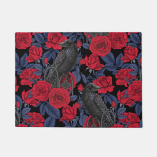 Paillasson Ravages et roses avec des feuilles bleu foncé