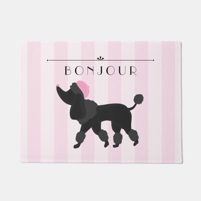 Paillasson Rayure rose chic de Paris avec le caniche français (Devant)