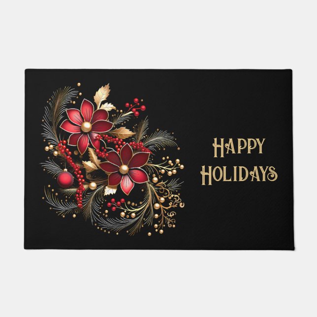 Paillasson Red Decorative Flowers Holiday Doormat (Devant)