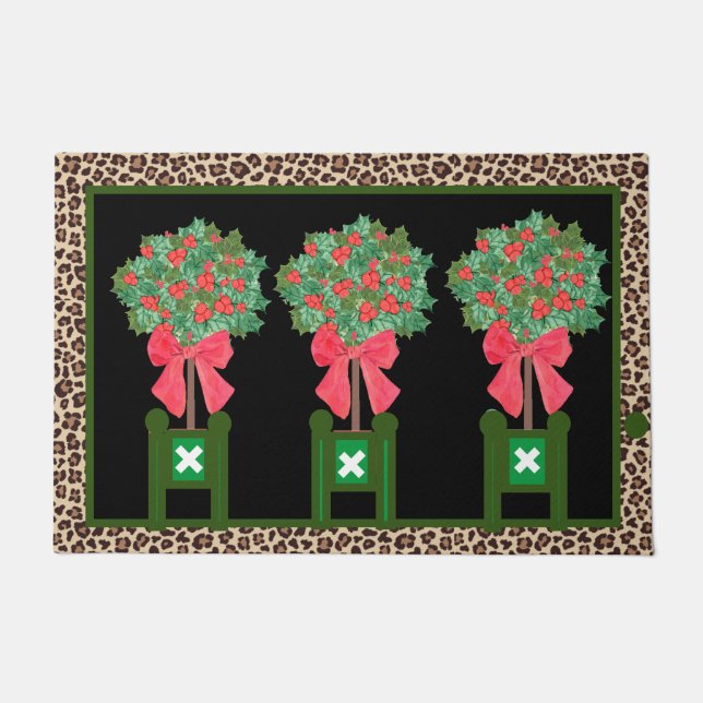 Paillasson Red Leopard Holly Berry Chinoiserie Doormat (Devant)