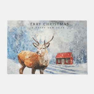 Paillasson Red Winter Woodland Cabine avec Deer Joyeux Noël