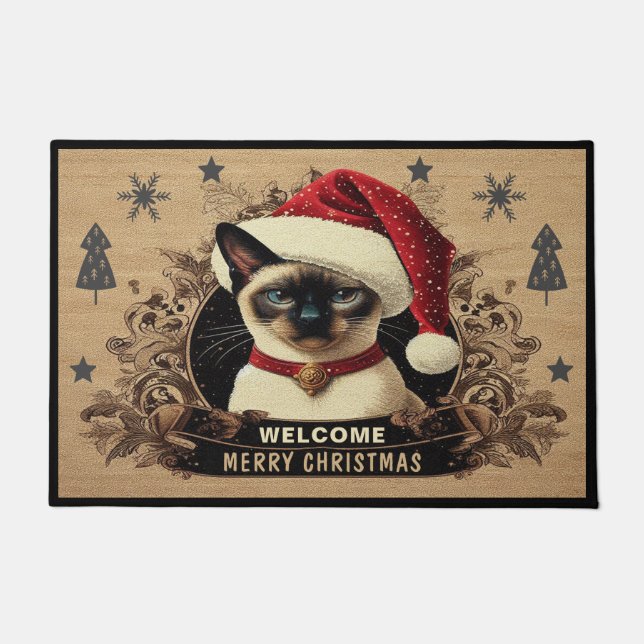 Paillasson Régal de Noël Siamese Chat, Père Noël Kitten Bienv (Devant)