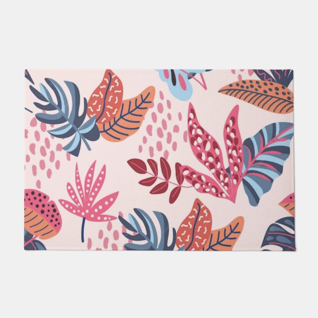 Paillasson Retro Pink & Blue Tropical Leaf Pattern Outdoor (Devant)