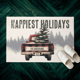 Paillasson Retro Red Plaid Camion de Noël personnalisé Nom de