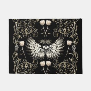 Paillasson Romance Gothique Victorien Crâne Ailes et Roses Bl