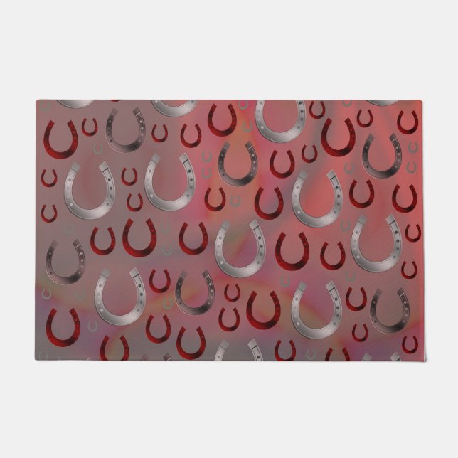 Paillasson rose,fer à cheval, argent, motif gris, chance, mot (Devant)
