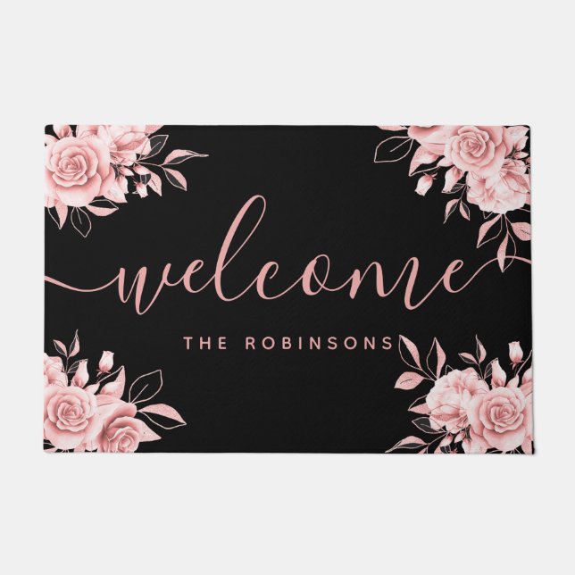 Paillasson Rose Gold Black Floral Bienvenue Nom de famille Do (Devant)
