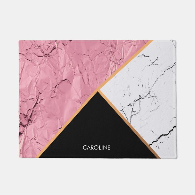 Paillasson Rose Gold Noir et Motif Marbre blanc (Devant)