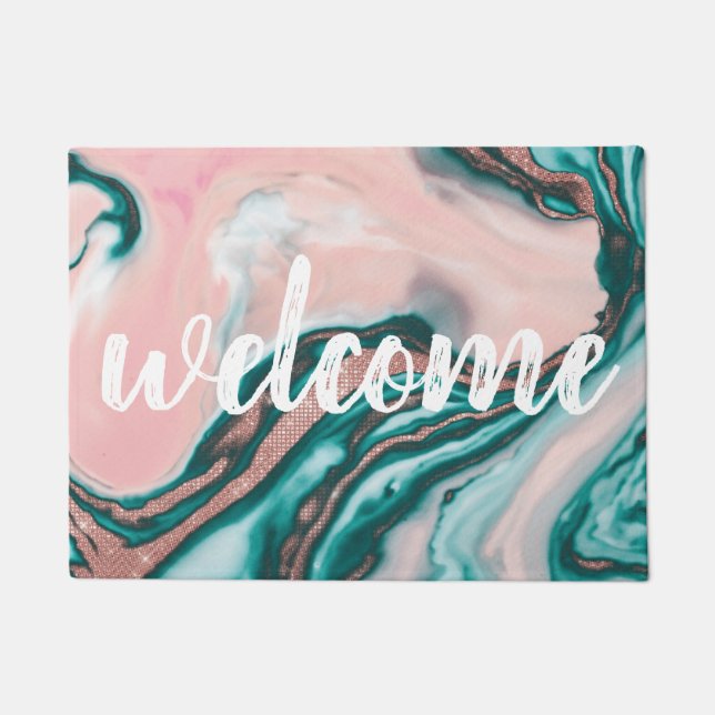 Paillasson Rose Parties scintillant or rose Turquoise marbre  (Devant)
