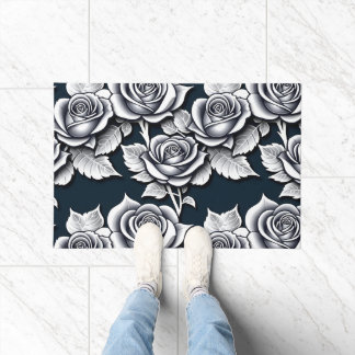 Paillasson Roses Argent Métallisé Avec Feuilles Sarcelle