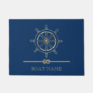 Paillasson Roue de bateau en or nautique, bleu marine