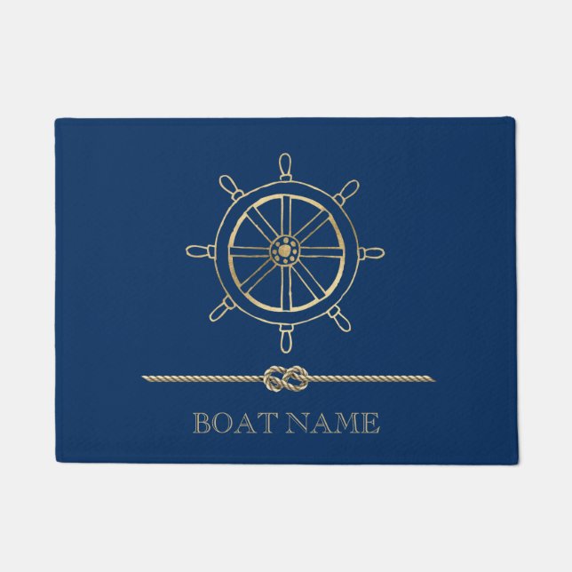 Paillasson Roue de bateau en or nautique, Bleu marine (Devant)