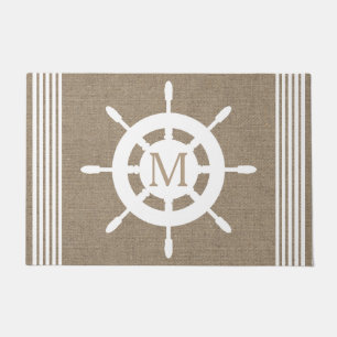 Paillasson Roue de bateau et toile de jute blanches nautiques