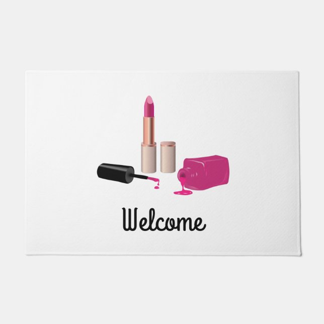 Paillasson Rouge à lèvres rose et ongle Polonais beauté thème (Devant)