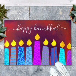 Paillasson Rouge Joyeux Hanukkah Script Boho Chandelles Gras