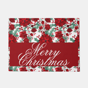 Paillasson Rouge Poinsettia Fleurs Ivy Feuille Aquarelle Nom
